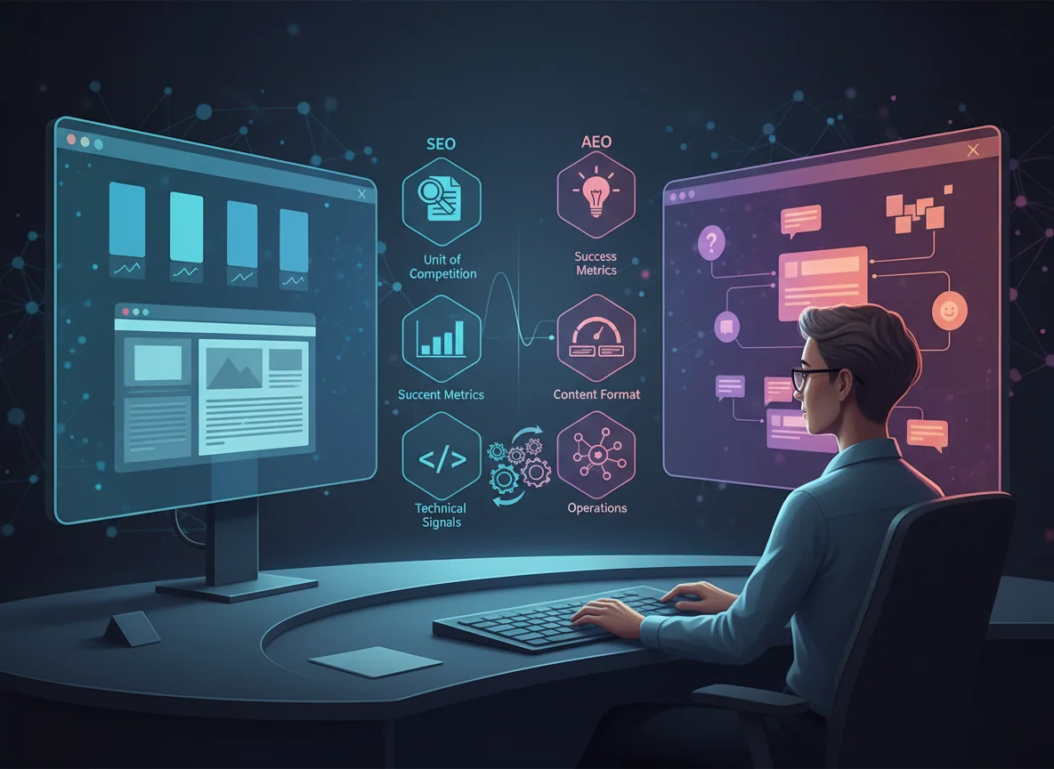 Editorial illustration of a content leader comparing SEO and AEO on dual monitors, with visual metaphors representing six strategic dimensions such as intent, metrics, and format.