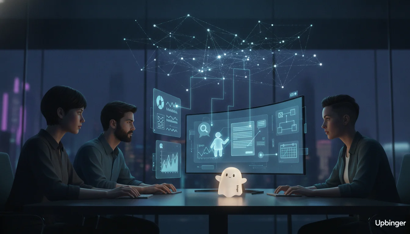 A futuristic content team in 2026 comparing multiple AI content platforms on a large curved monitor, surrounded by holographic networks connecting search engines and AI assistants.