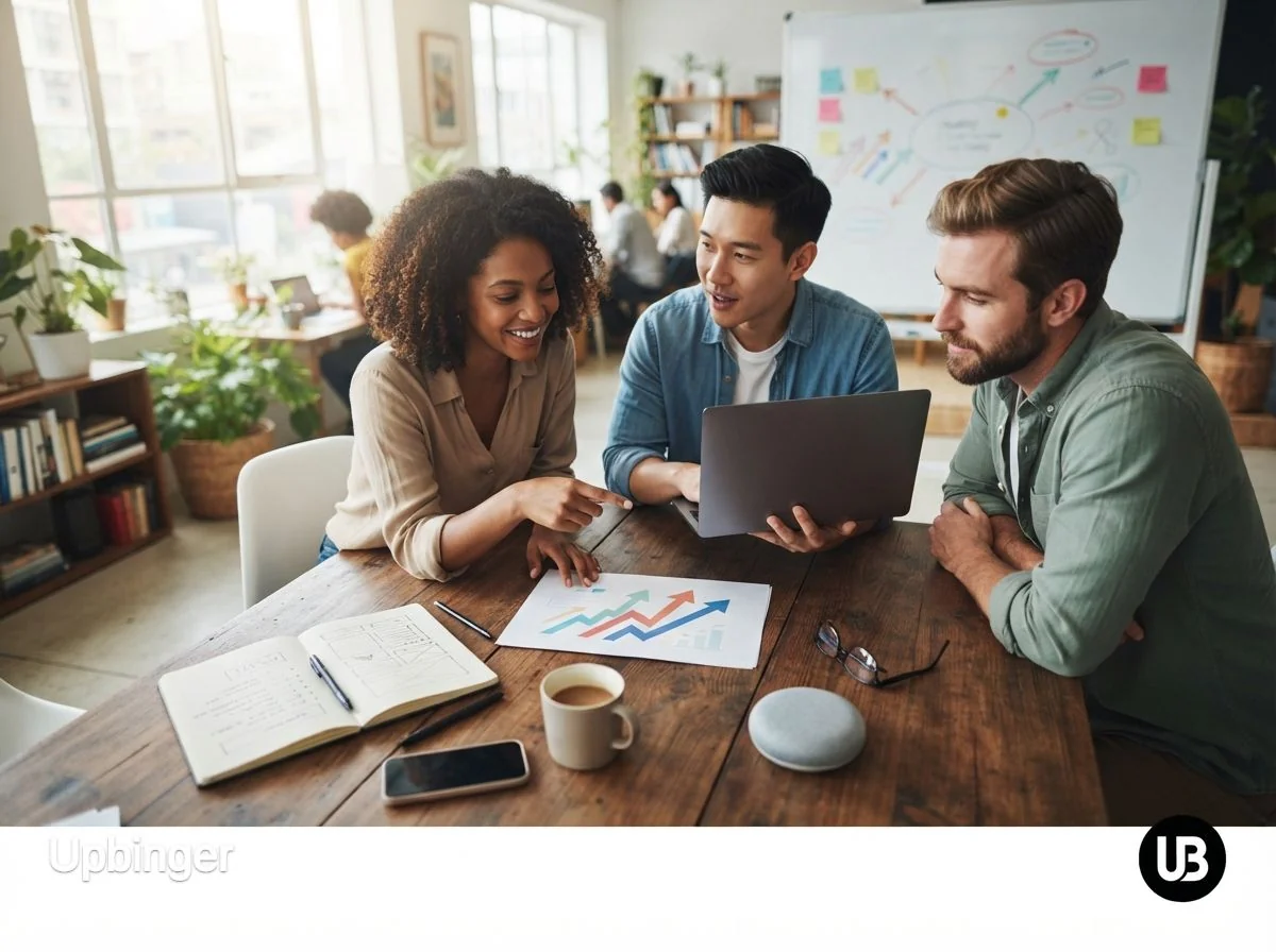 Marketing team collaborating around a table with printed plans, a laptop, and a small smart speaker, representing AI-powered SEO work in a modern office.