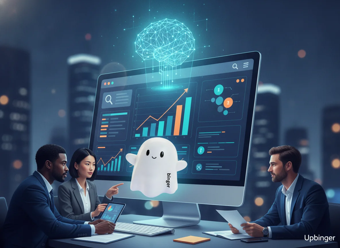 Conceptual illustration of an AI-powered SEO platform turning rising search rankings on a dashboard into business growth, with an abstract AI brain emerging from a computer screen and business people analyzing upward-trending charts.