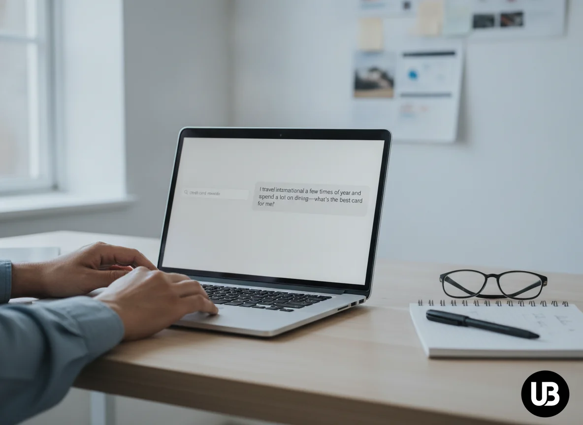 A person at a bright desk using a laptop that shows a short keyword query next to a longer, conversational search, illustrating the shift in search behavior from keywords to natural-language questions.