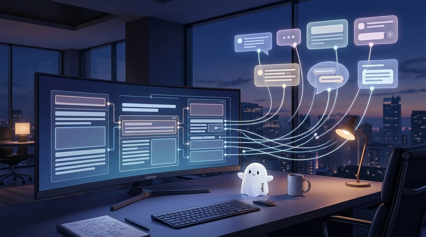 Editorial illustration of a modern workstation where a structured digital article on a wide monitor connects via glowing lines to multiple floating AI assistant interfaces, symbolizing content optimized for AI visibility.