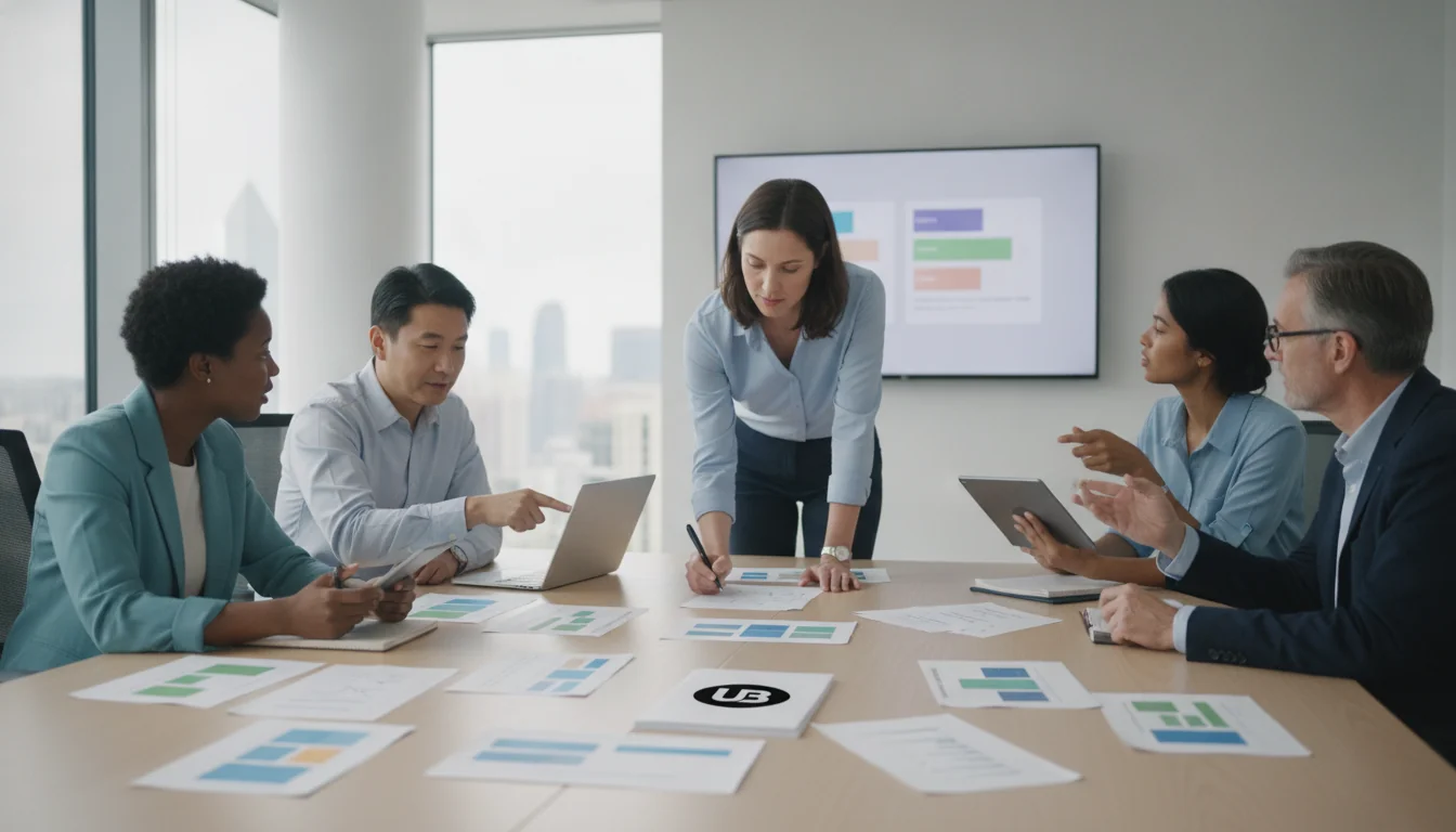 Marketing team in a bright conference room methodically comparing AI SEO content platforms using printed checklists and a shared screen