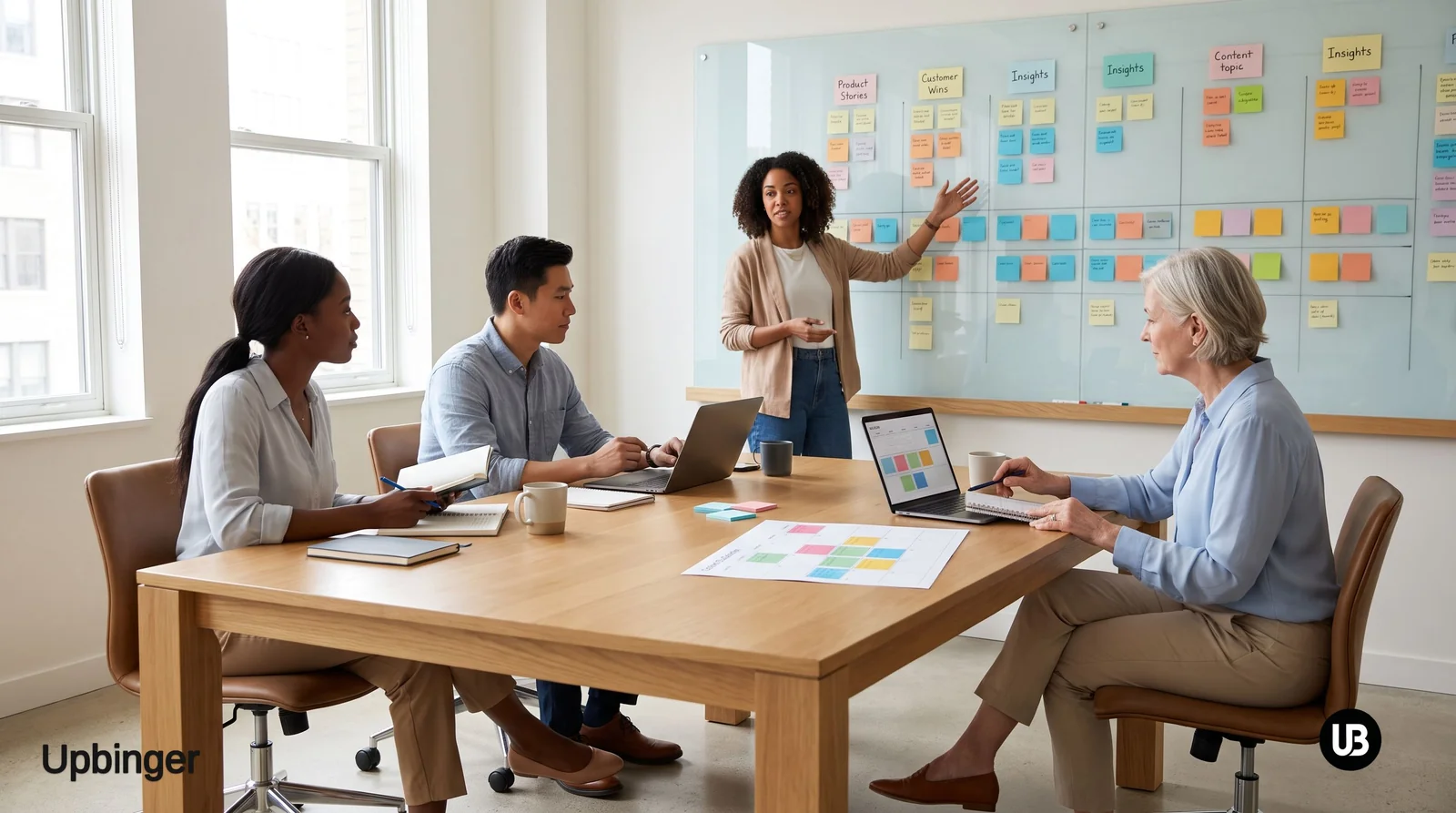 Marketing team in a bright modern office collaborating around a table, with a wall of neatly organized color-coded notes forming content pillars and a posting calendar for social media.