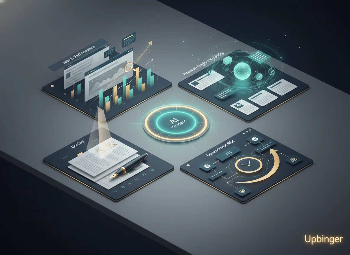 Editorial illustration of a central AI content platform connected to four visual areas representing search visibility, AI answer visibility, content quality, and operational return on investment.