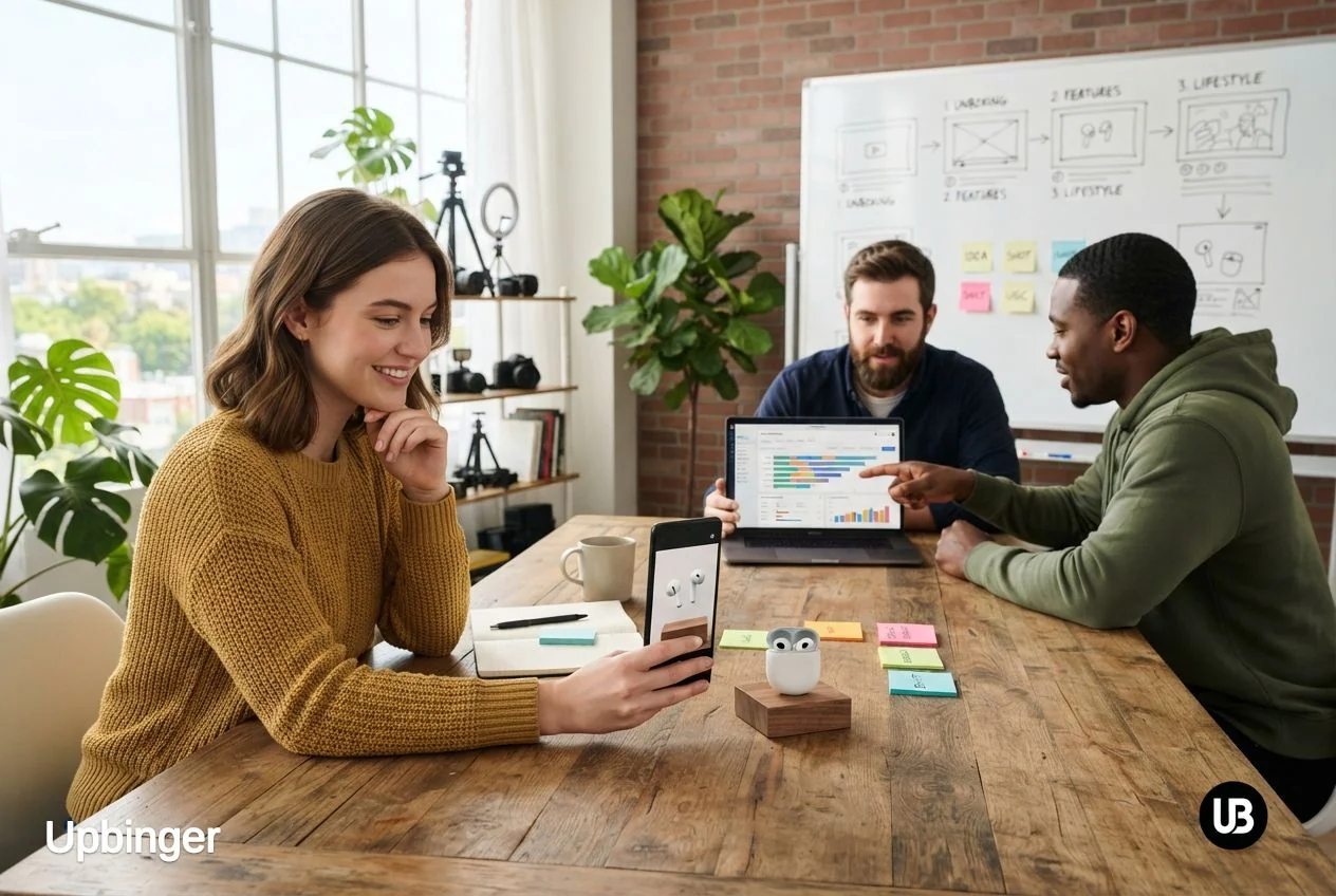 Marketing team in a bright studio using search analytics on a laptop to plan user-generated product videos, with a smartphone framing a product on the table and a simple video storyboard on the wall.