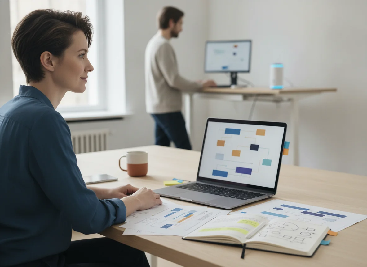 Marketer in a bright modern office organizing printed pages and working at a laptop, visually suggesting a structured system for codifying brand voice for AI use.