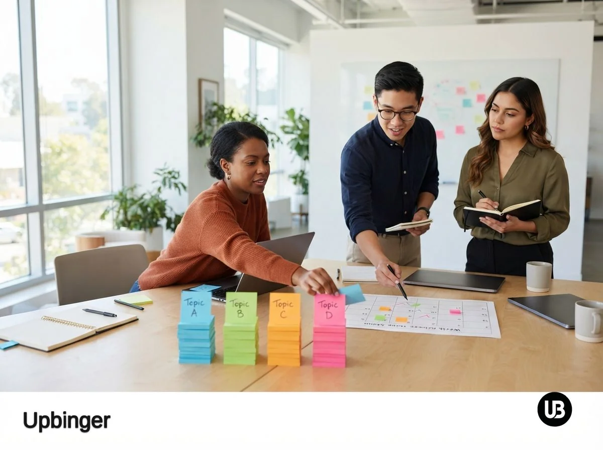 Marketing team organizing colorful sticky note columns and a weekly calendar on a table, symbolizing structured content pillars and a planned posting schedule for social media growth.