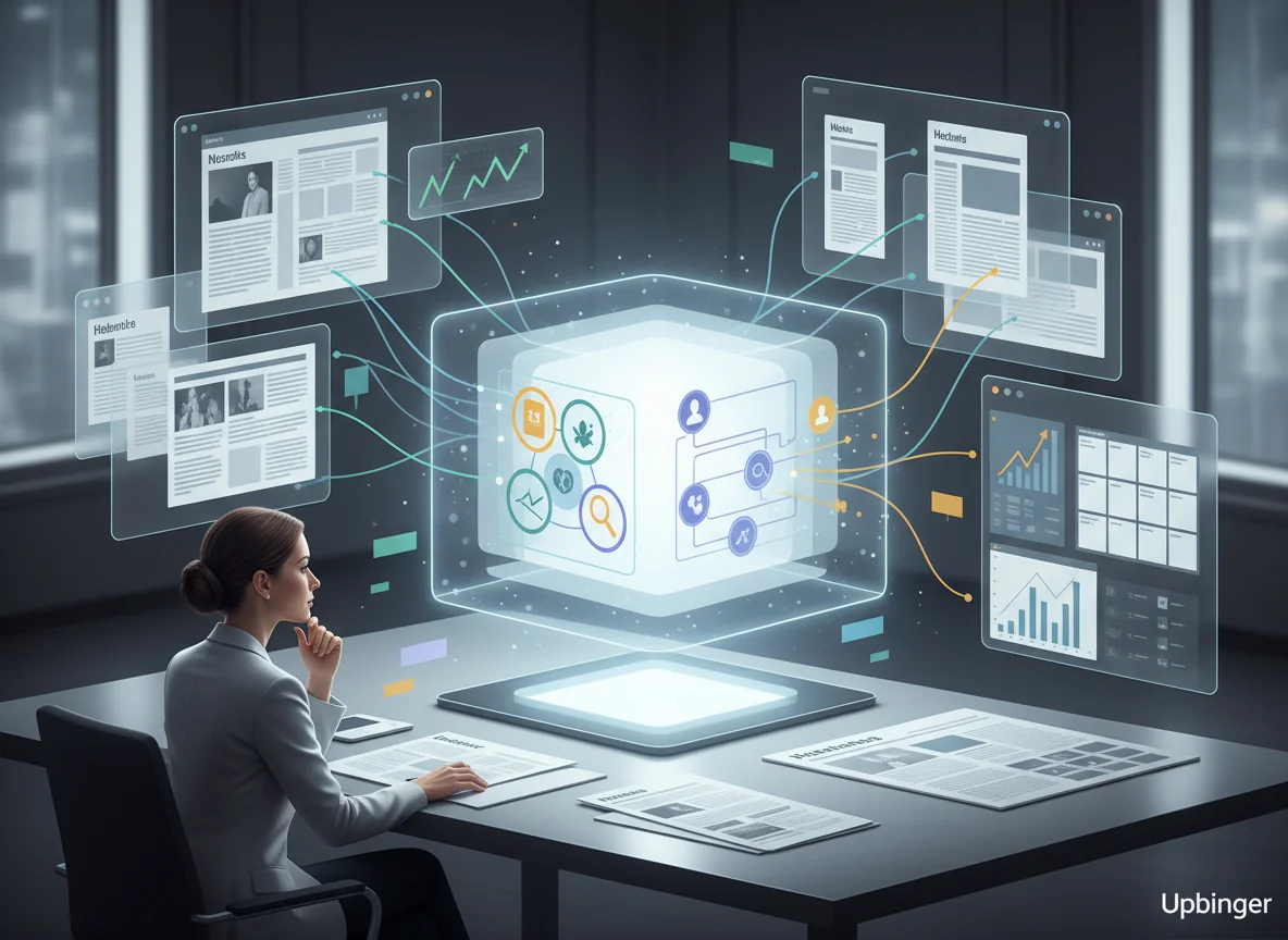 Editorial illustration of a strategist using a glowing central platform that turns scattered content signals into clear recommendations and improved performance visuals.