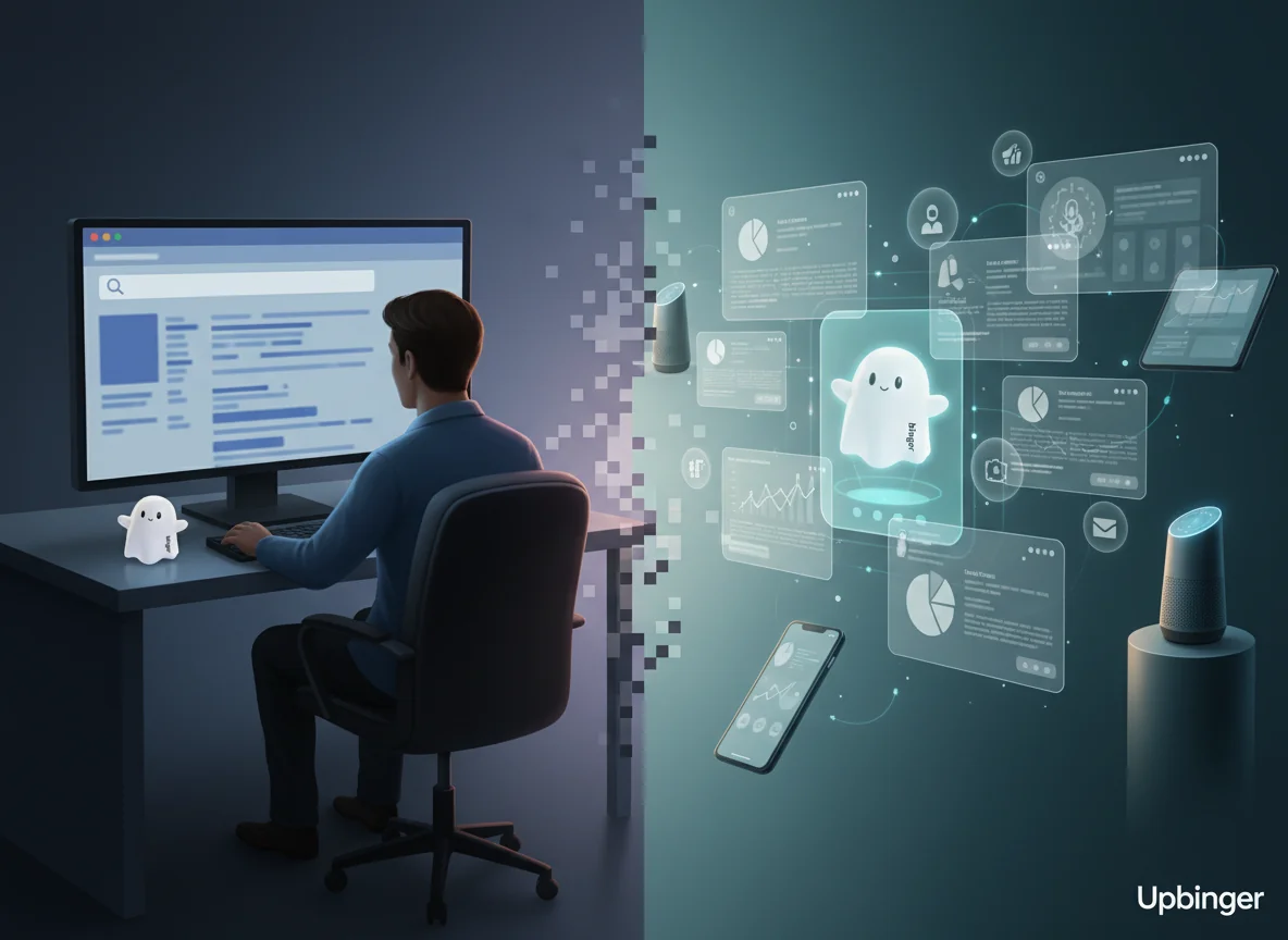 Editorial illustration contrasting an old-style search results screen with a futuristic AI answer interface, symbolizing the shift from SEO to AI-driven answer optimization.