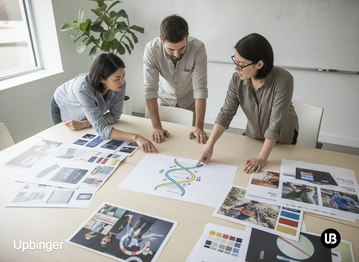 Marketing team gathered around a table, focusing on a central sketch of a DNA-like helix surrounded by varied ad concepts, symbolizing core brand DNA guiding ad messaging