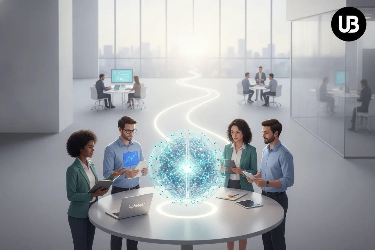 Cross-functional enterprise team gathered around an abstract AI sphere in a modern office, with a luminous path extending forward to symbolize a roadmap for an AI SEO platform.