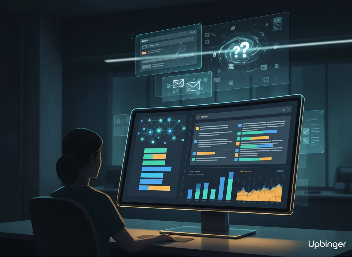 Conceptual illustration of a content strategist in front of a large analytics dashboard showing search results, keyword clusters, and performance charts, symbolizing advanced AI content optimization beyond basic writing.