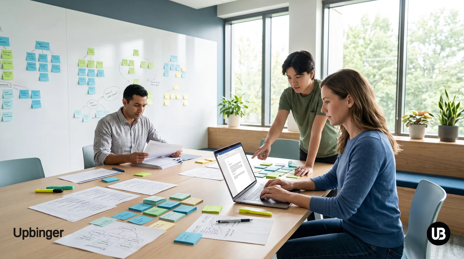 Content marketing team turning printed keyword research and clustered sticky notes into a draft article on a laptop in a bright modern office