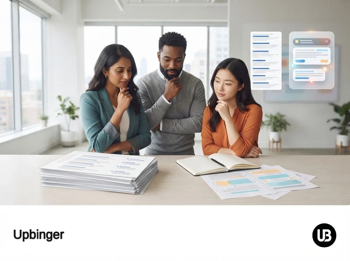 Marketing team in a bright office comparing traditional search-style printouts to more synthesized, summary-style pages, symbolizing how AI SEO content must now serve both search engines and AI answer systems.