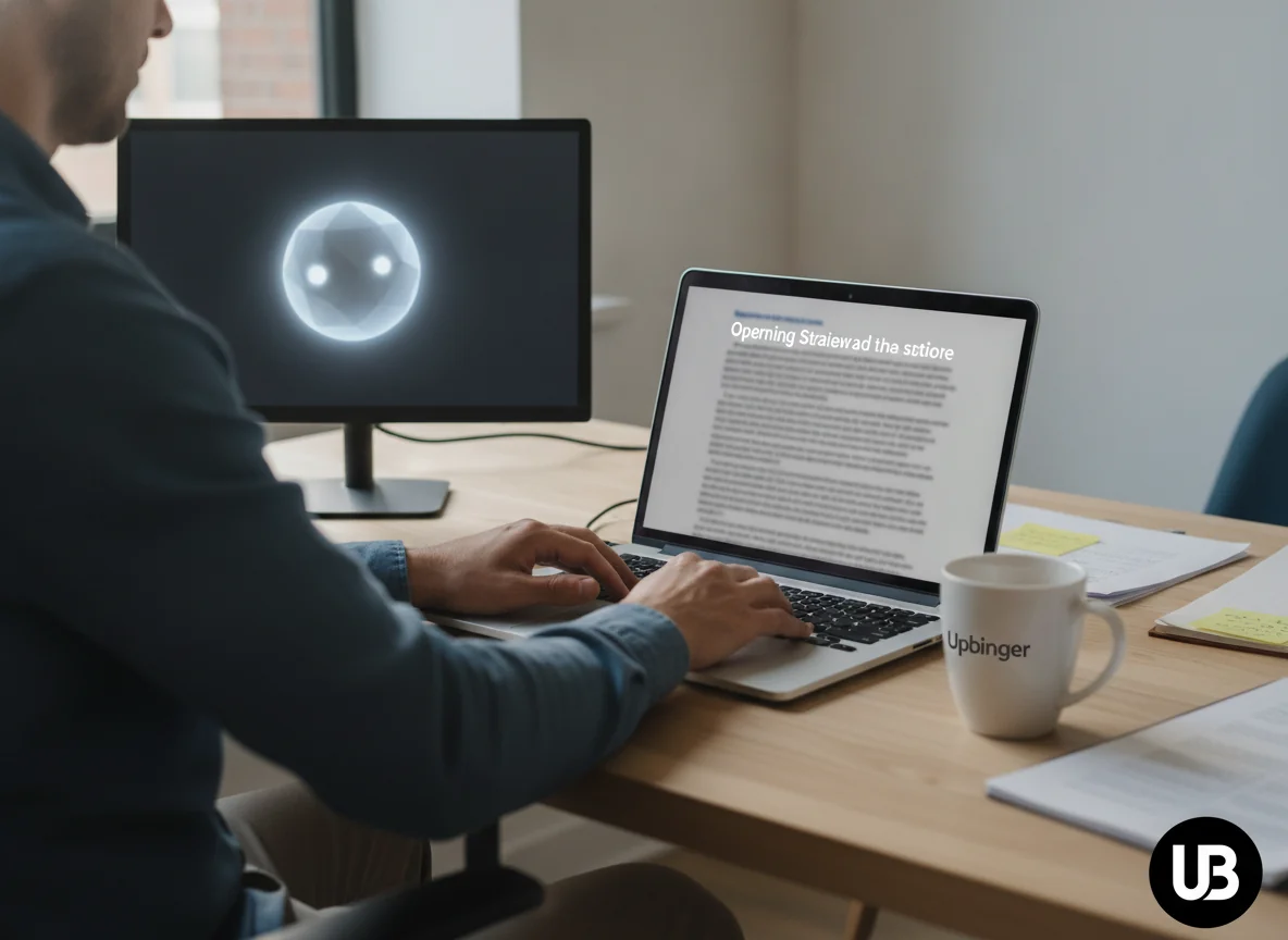 Content strategist at a laptop in a bright office, with the opening lines of an article clearly highlighted as an abstract AI assistant focuses on them while the rest of the text fades into the background.