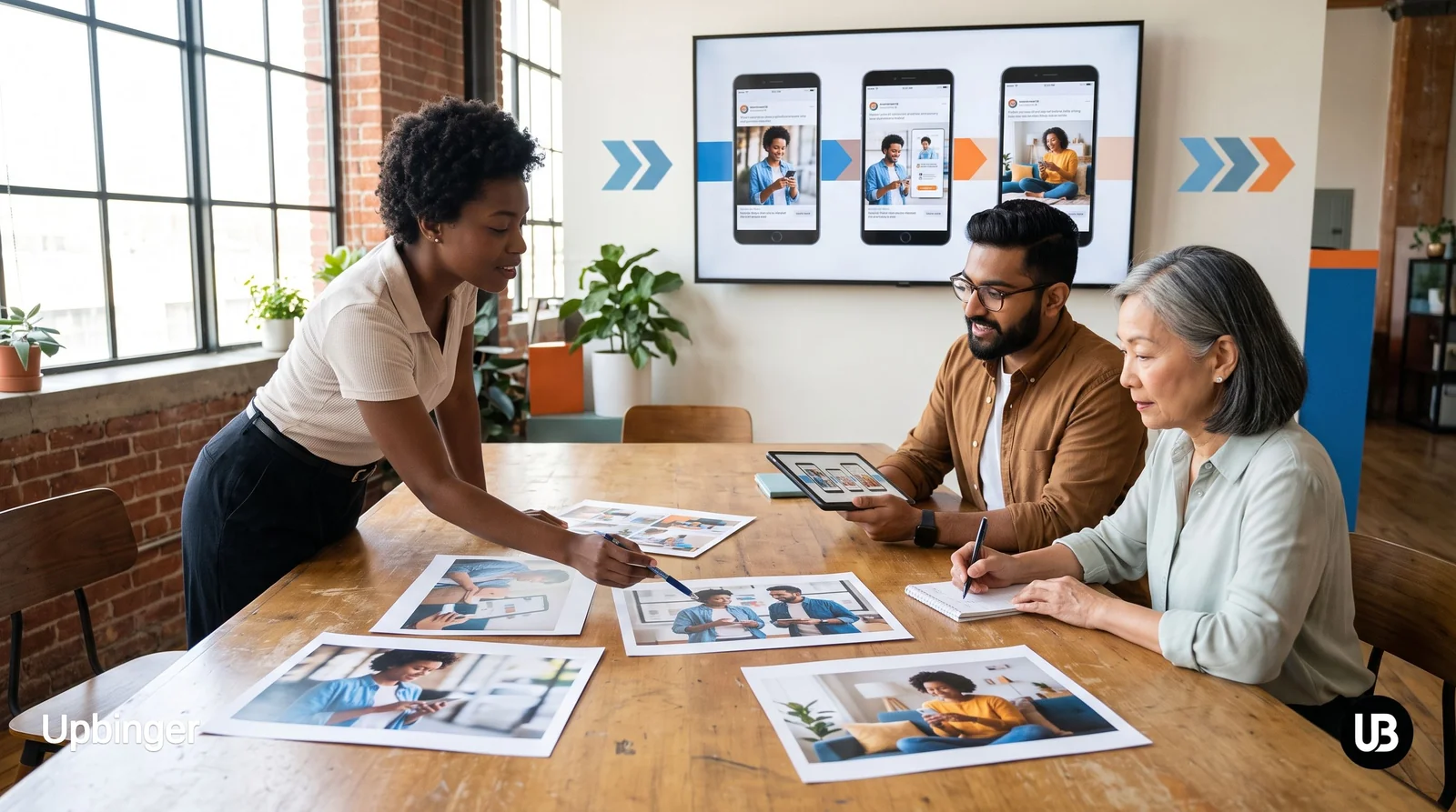 Marketing team in a bright studio reviewing a sequence of ad creatives that visually tell one continuous brand story from first discovery to conversion.