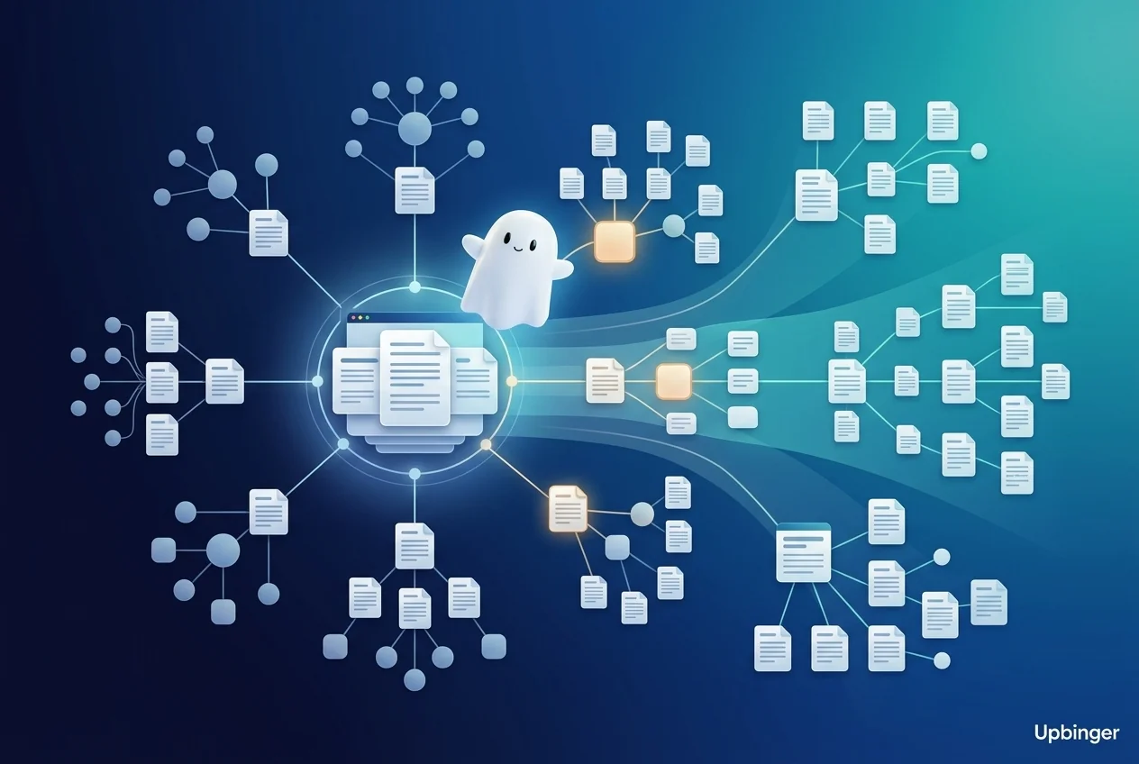 Editorial illustration of a central content hub expanding into organized clusters of interconnected topic nodes, symbolizing faster topical authority growth with AI-guided strategy.