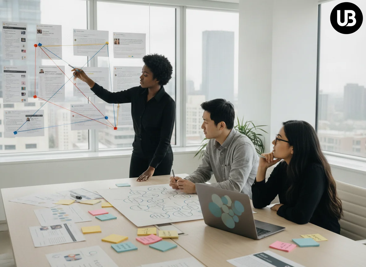 SEO strategists in a modern office mapping search results and AI-style answers on a glass wall and table, illustrating an AI-driven content intelligence workflow