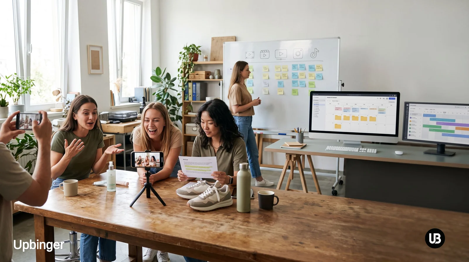 Creative team in a bright studio recording casual UGC product videos while using an organized, AI-assisted workflow in the background.