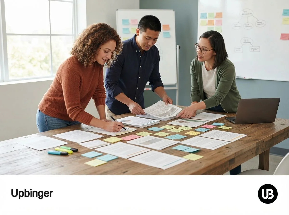 Marketing team reviewing printed content and organizing it into thematic groups on a table, symbolizing how content relevance is evaluated in the age of AI search.