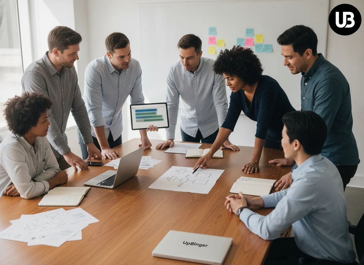 Marketing team in a bright modern office collaborating over content and strategy materials, with laptops and a tablet suggesting AI-assisted SEO work.