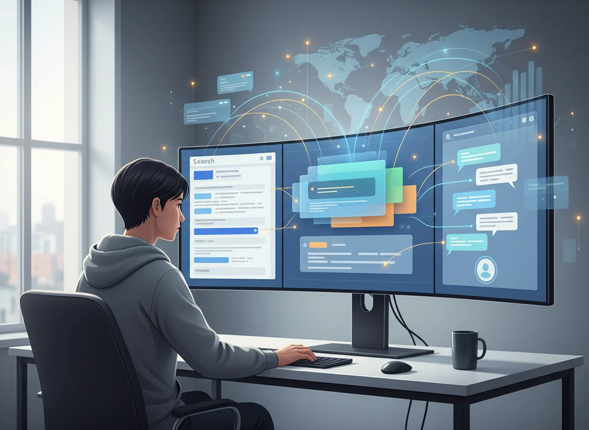 Editorial illustration of a digital strategist viewing a single screen that combines traditional search results, AI overviews, and a conversational assistant interface, all interconnected to represent unified SEO and AEO optimization.