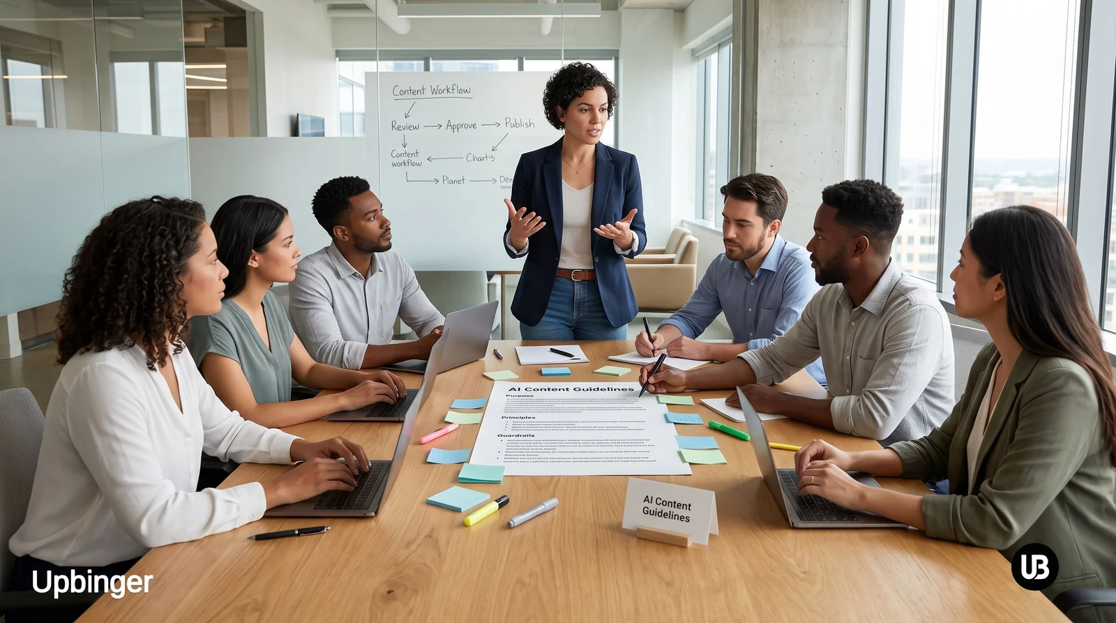 Marketing and content team in a bright office collaboratively reviewing an AI content guidelines document on a conference table, symbolizing practical AI content governance and editorial guardrails.