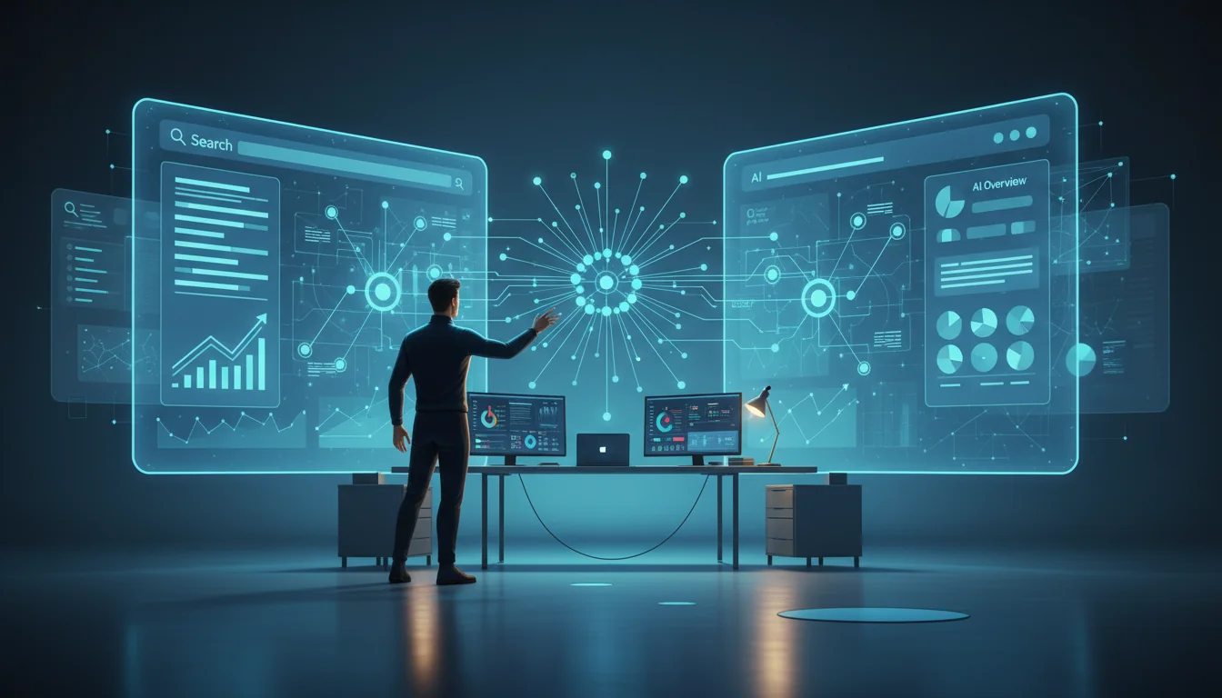 Editorial illustration of a strategist in a modern workspace orchestrating a unified content framework that powers both search engine results and AI assistant answers on large transparent screens.