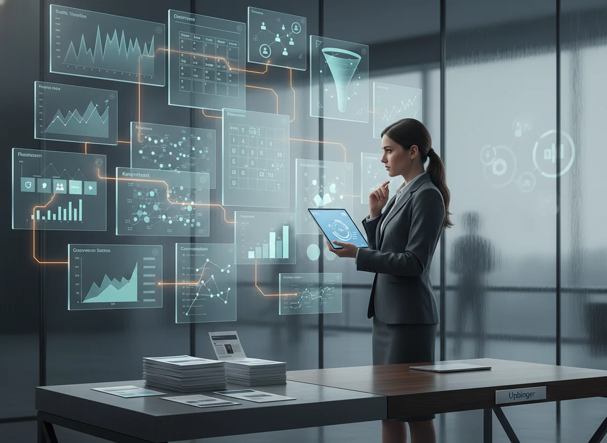 Editorial illustration of a marketer facing disconnected analytics dashboards and broken data links, with content output visible but business impact obscured in the background.