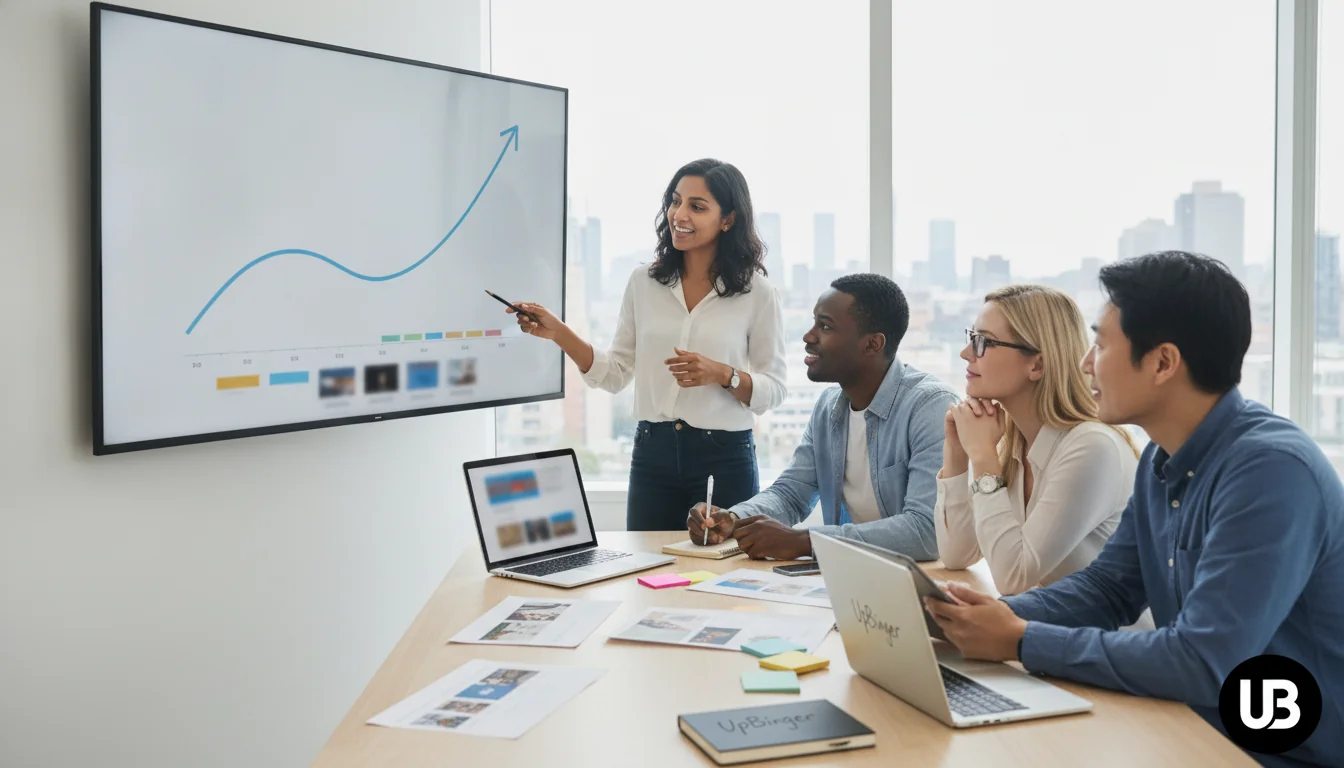 Marketing team in a bright modern office reviewing a large screen with a clearly rising website engagement graph, symbolizing gains from AI-powered content optimization.