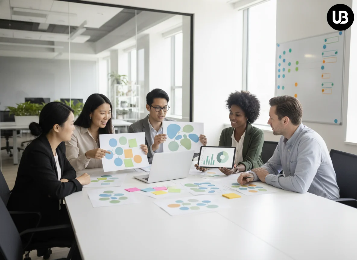 Enterprise marketing team collaborating around a table with research printouts and abstract analytics visuals, representing the multiple essential features of an AI SEO platform.