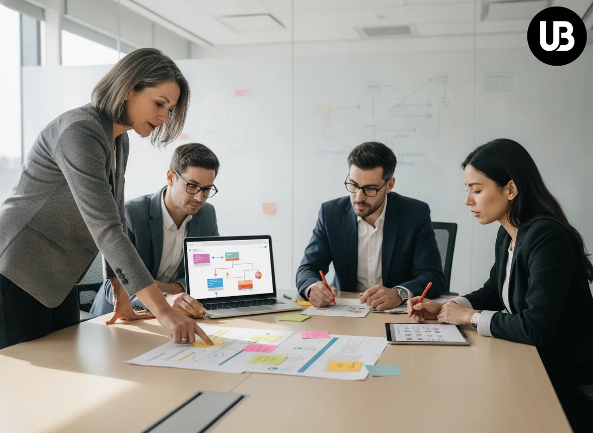 Enterprise content team in a bright meeting room collaborating over printed documents and laptops, defining roles, policies, and risk controls for AI-driven SEO content creation.