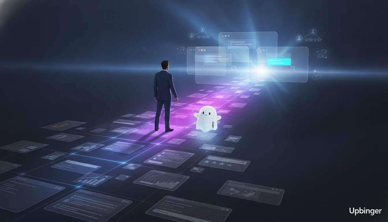 Editorial illustration of a business person walking from a dim landscape of old search results toward bright floating AI answer panels, symbolizing the shift from traditional SEO to ranking in AI-generated answers.