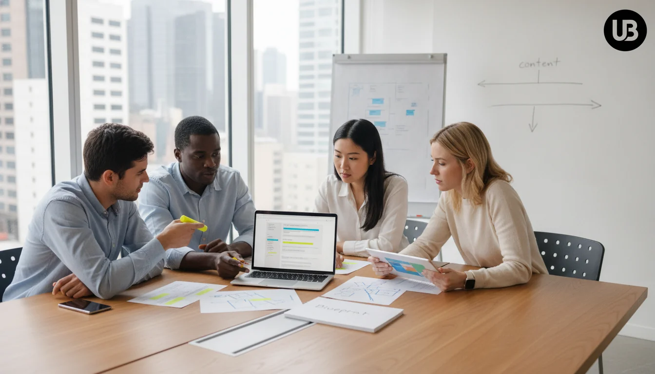 Marketing team in a bright modern office collaboratively reviewing AI-assisted content on a laptop, with printed outlines and notes forming a clear blueprint-style plan.