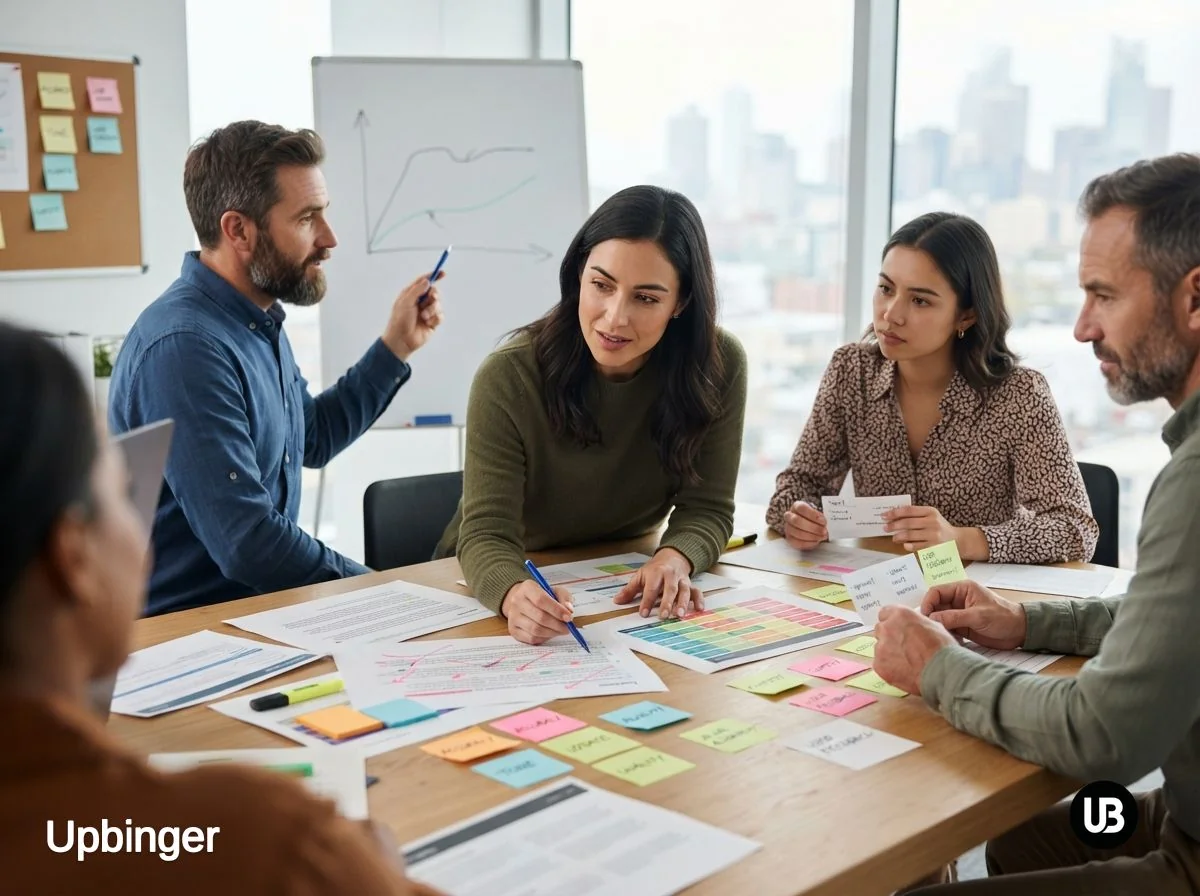 Marketing and SEO team in a bright office carefully reviewing printed AI-generated answers and brand guidelines, symbolizing the shift from visibility to trust through engagement and quality metrics.
