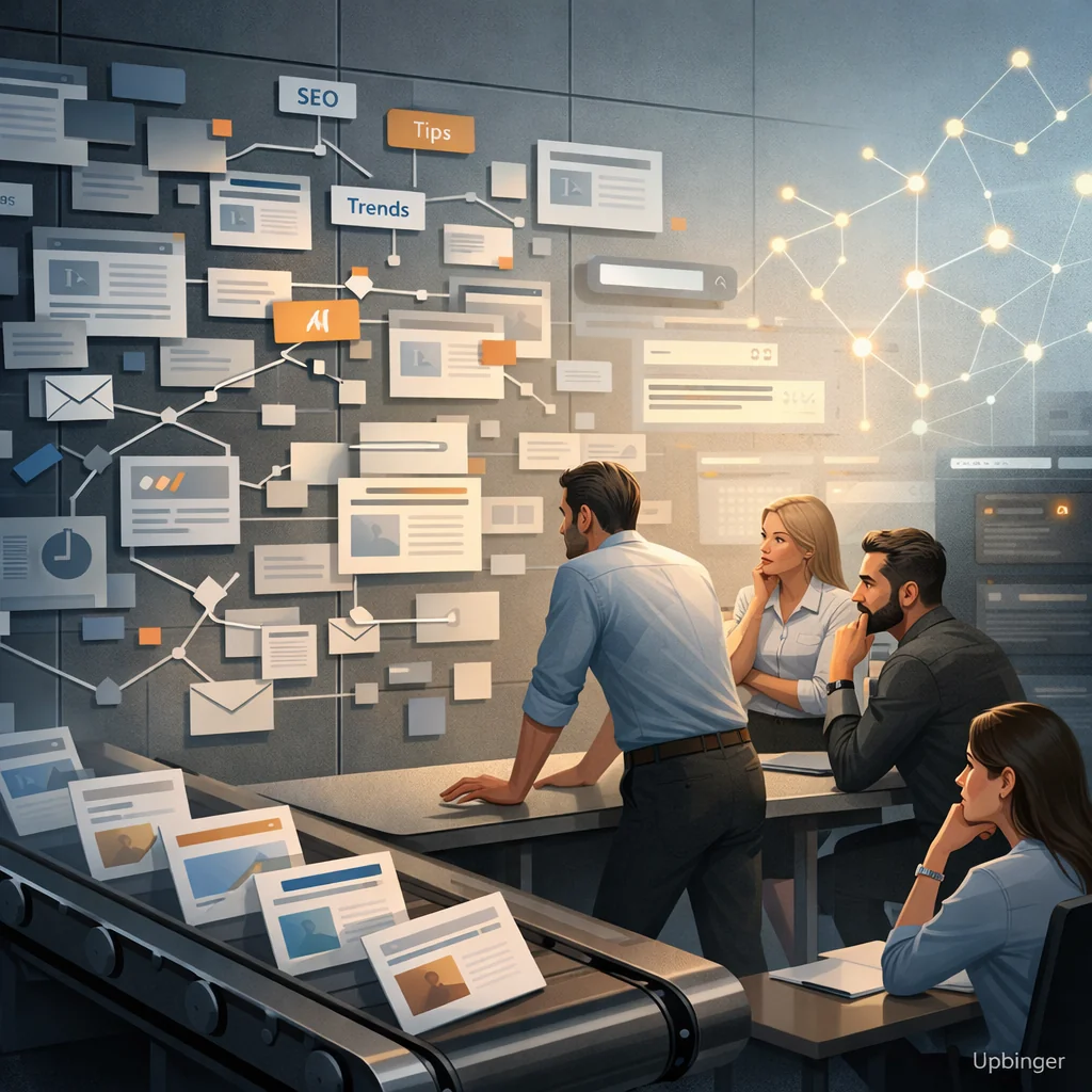 Editorial illustration of a marketing team surrounded by disconnected content pieces and broken link structures, contrasting with a faint but more organized growth network in the background.