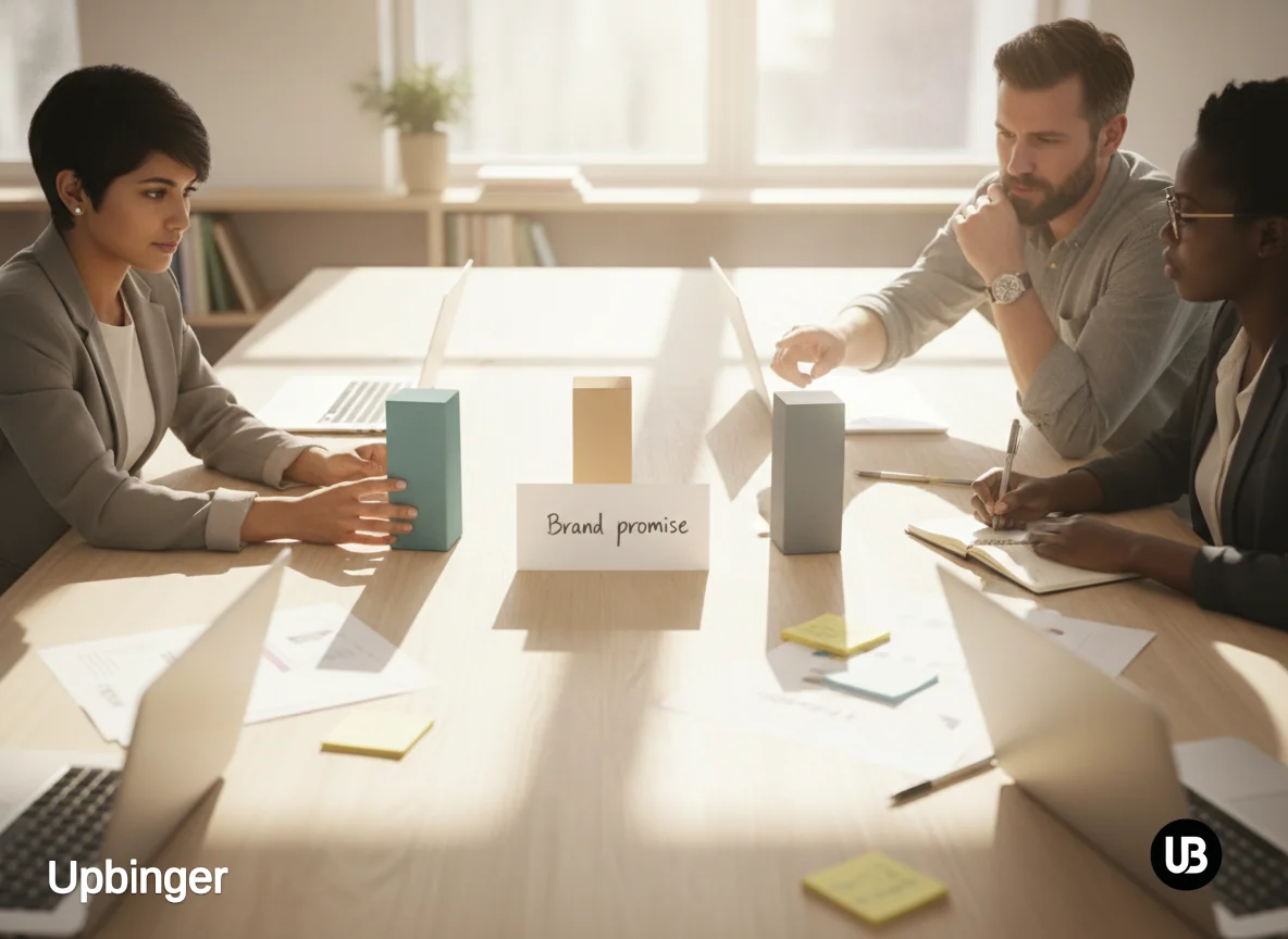 Marketing team around a table turning one central written idea into several upright wooden blocks, symbolizing translating a single brand promise into concrete offer pillars.