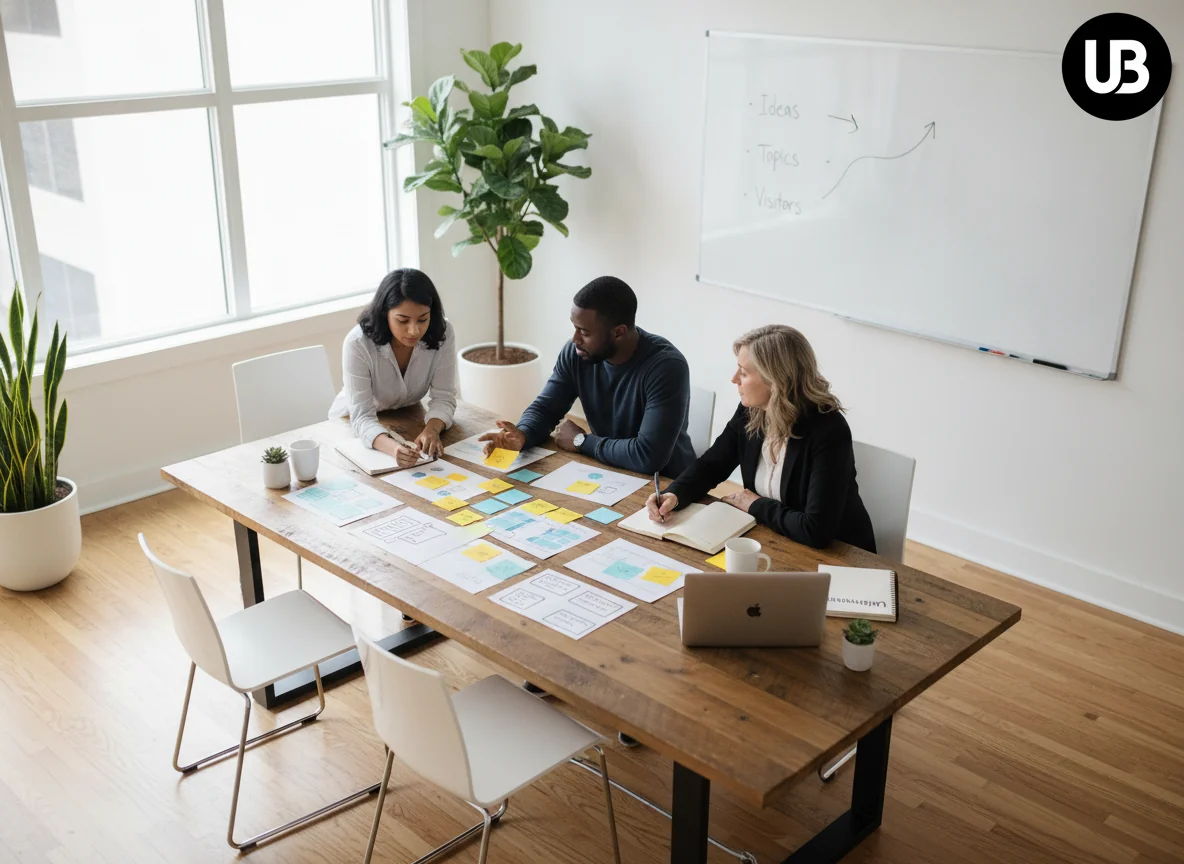 Marketing team collaborating in a bright modern office, reviewing content outlines and notes around a table, with a whiteboard in the background hinting at rising results, symbolizing AI content optimization improving organic traffic and engagement.