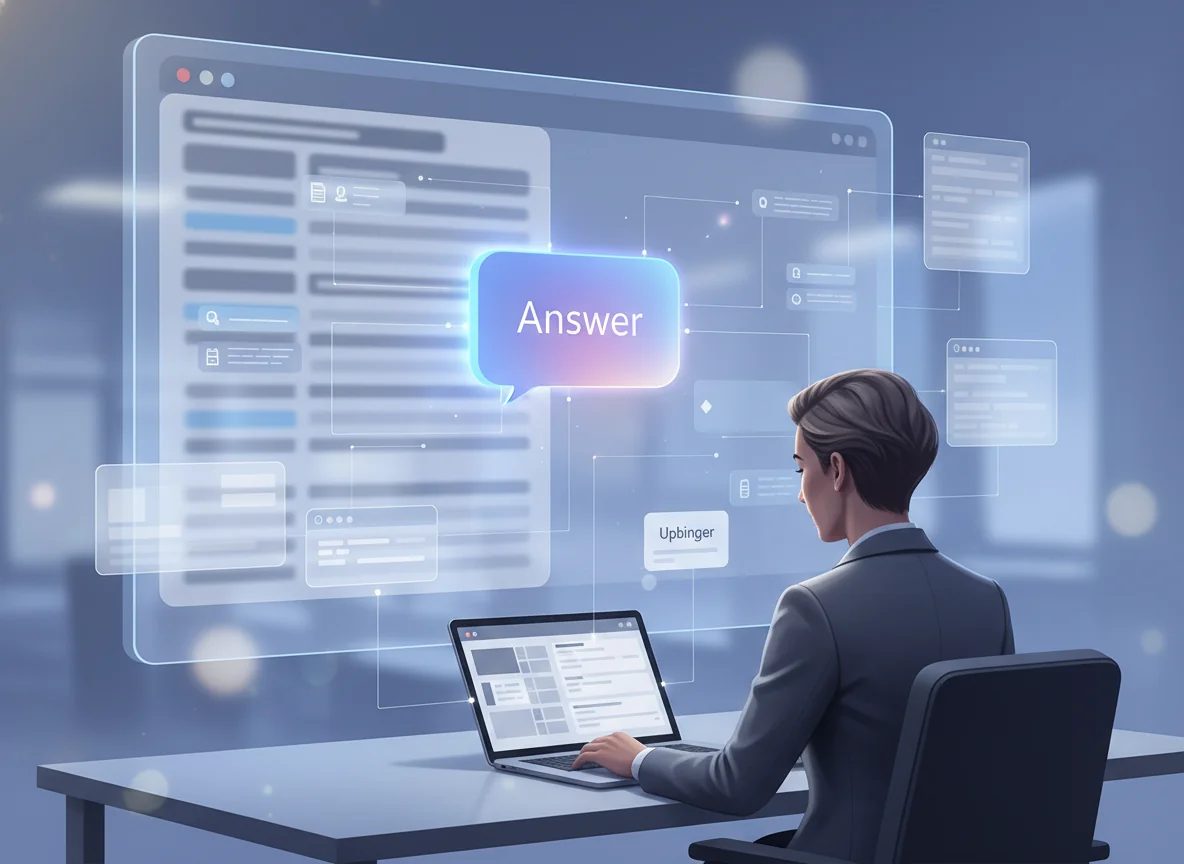 Editorial illustration of a marketer at a desk watching content flow from a traditional multi-result search screen into a single AI chat answer, symbolizing answer engine optimization and the future of marketing, with the Upbinger brand subtly shown on a digital panel.