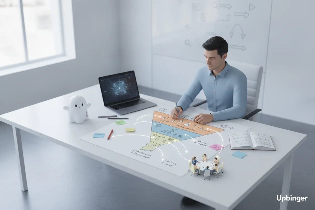 Illustration of a marketer mapping an organic lead funnel on paper, showing search queries flowing through funnel stages toward a sales conversation while AI tools remain idle.