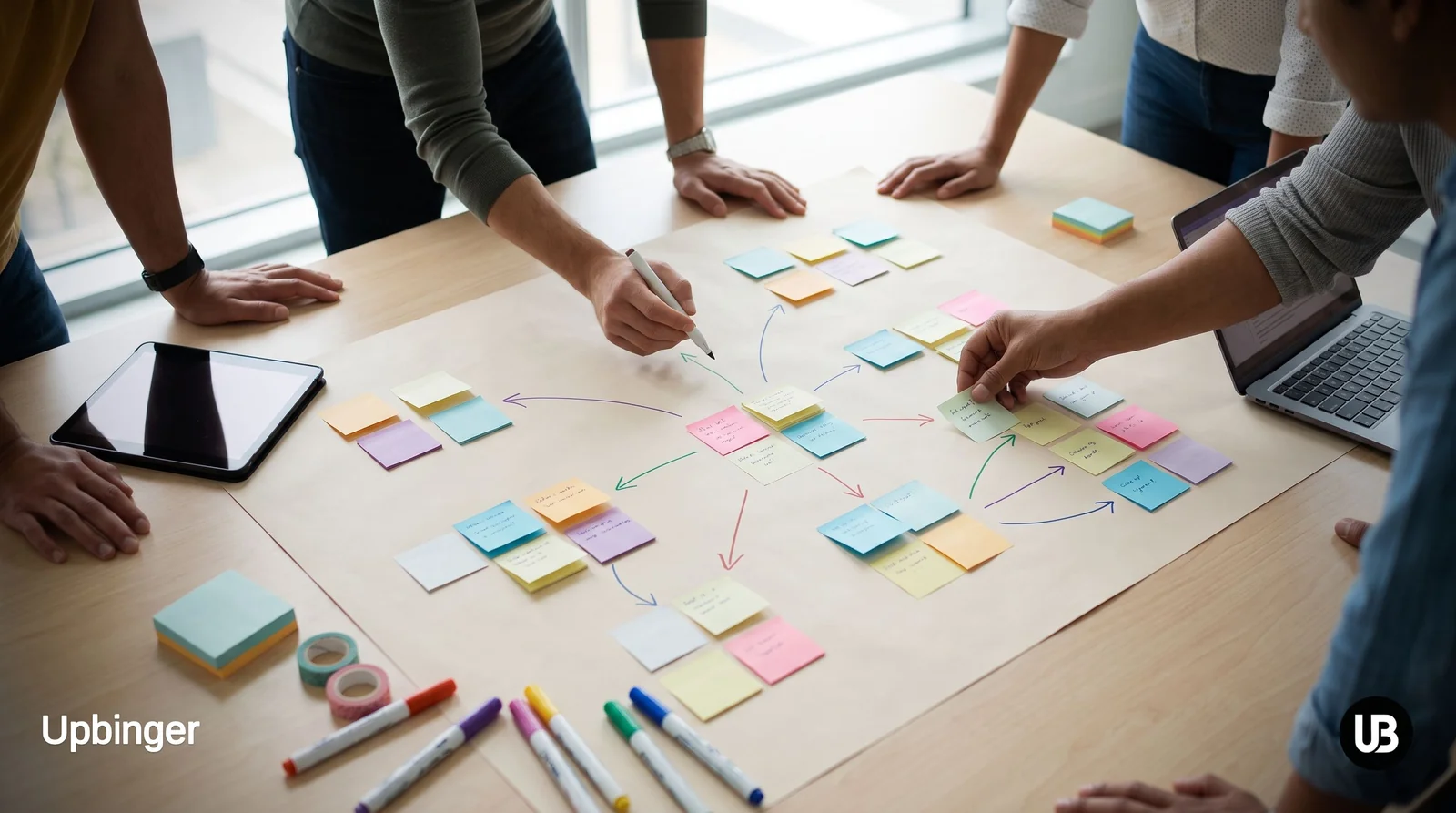 Marketing and content team in a bright modern office collaboratively mapping a framework that connects traditional search with AI-generated answers on a large table covered in notes and drafts.