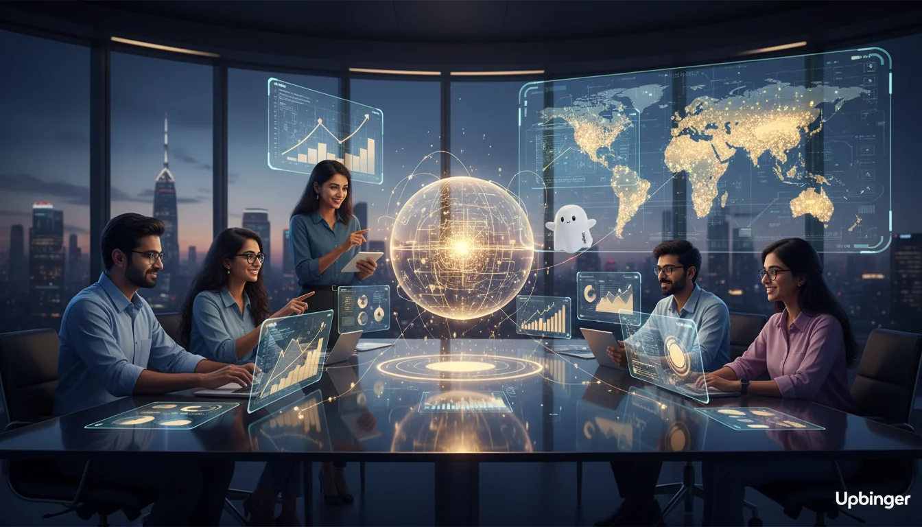 Futuristic 2026 content marketing team in a high‑rise office collaborating around holographic analytics and an AI data core that powers rising performance graphs.