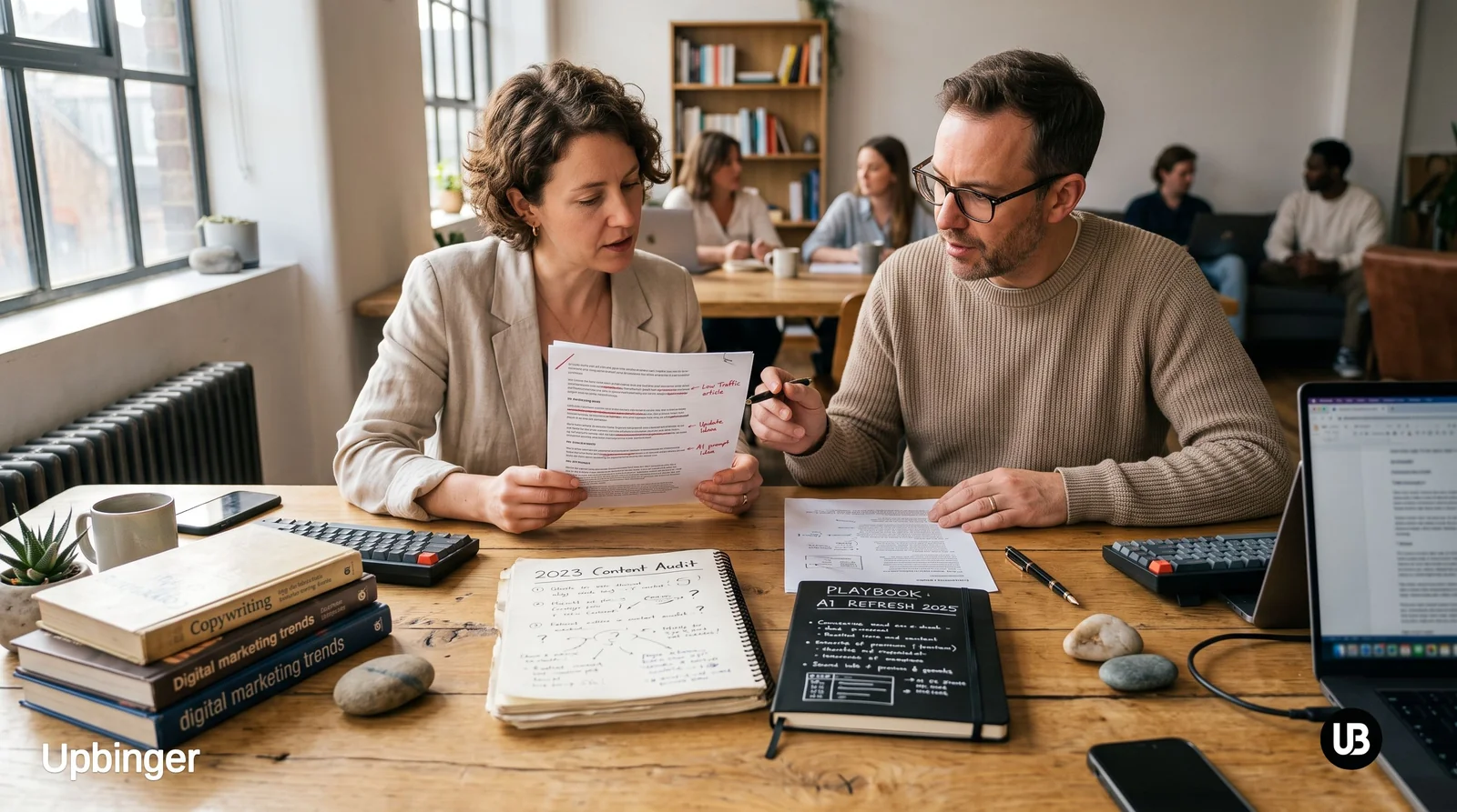 Marketing team around a bright office table revising printed website articles and drafts with a laptop open, suggesting AI-assisted refreshing and repurposing of underperforming SEO content.