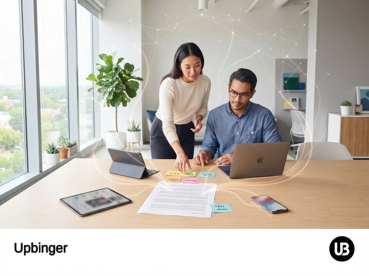 Editorial illustration of marketers refining a written article at a sunlit table while soft lines of light flow from the page to multiple devices, symbolizing content being optimized for AI-driven search assistants.