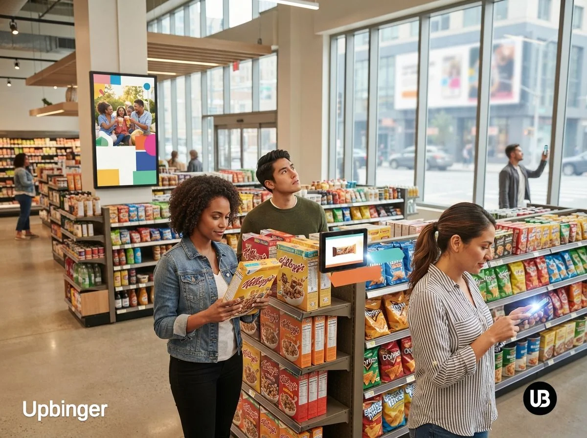 Shoppers in a modern retail store interact with products, a shelf-edge digital display, and a smartphone while digital signage and an outdoor billboard hint at connected advertising across channels.