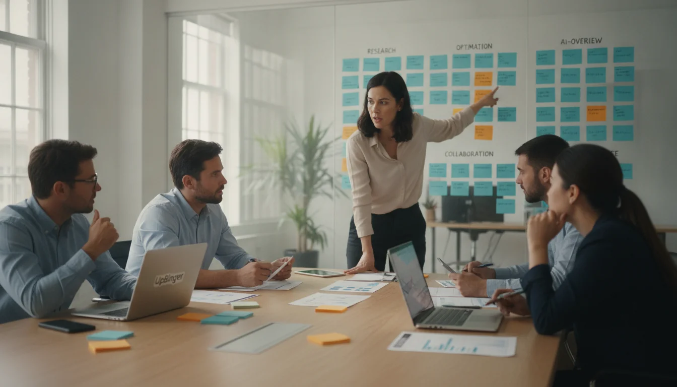 Marketing and SEO team in a bright office reviewing a wall of organized sticky notes and checklists that represent must‑have features of a next‑generation AI SEO content platform.