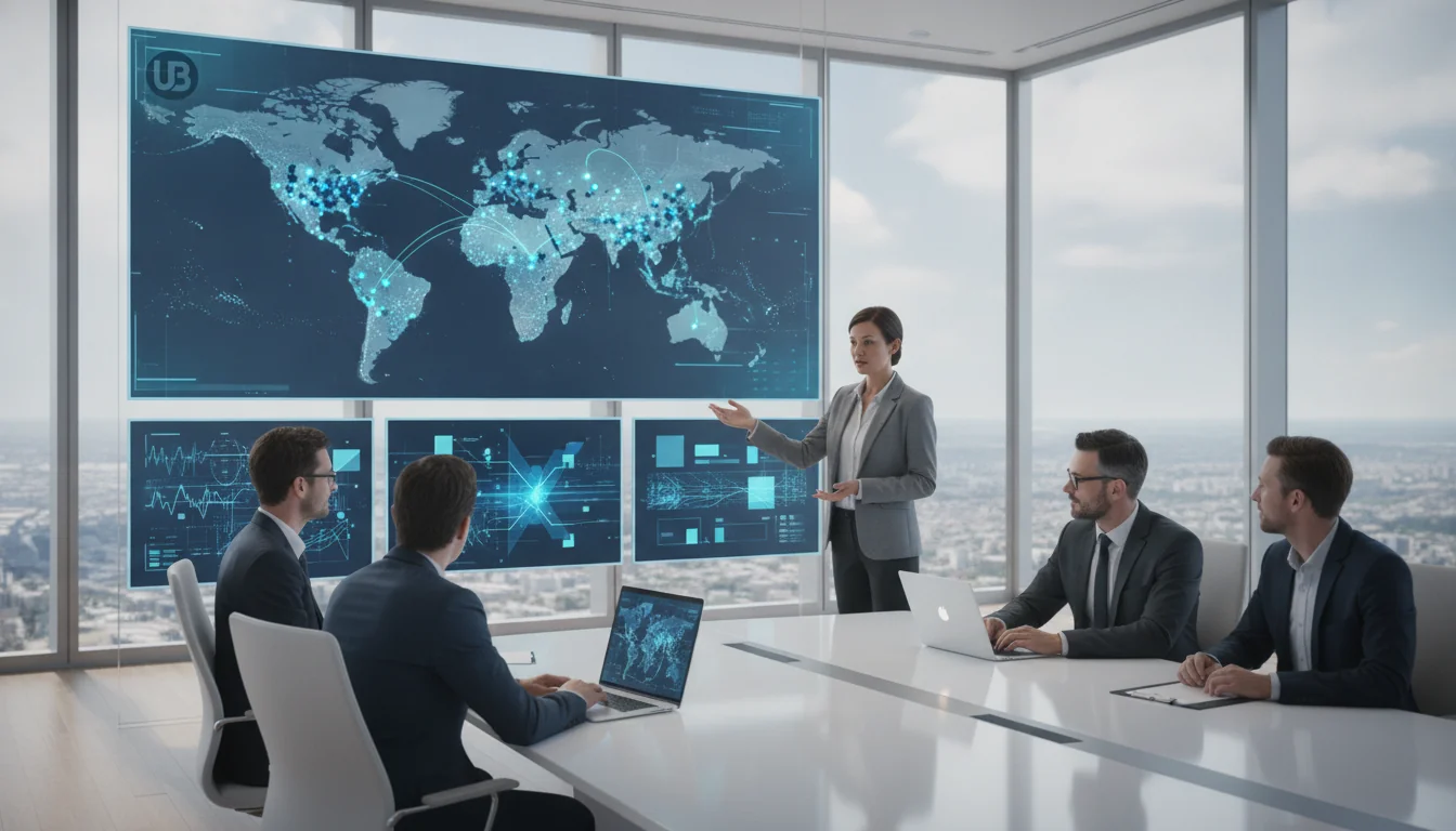 Enterprise marketing and SEO team in a bright glass-walled command center coordinating AI-driven content optimization across global markets, with abstract data and maps on large screens.