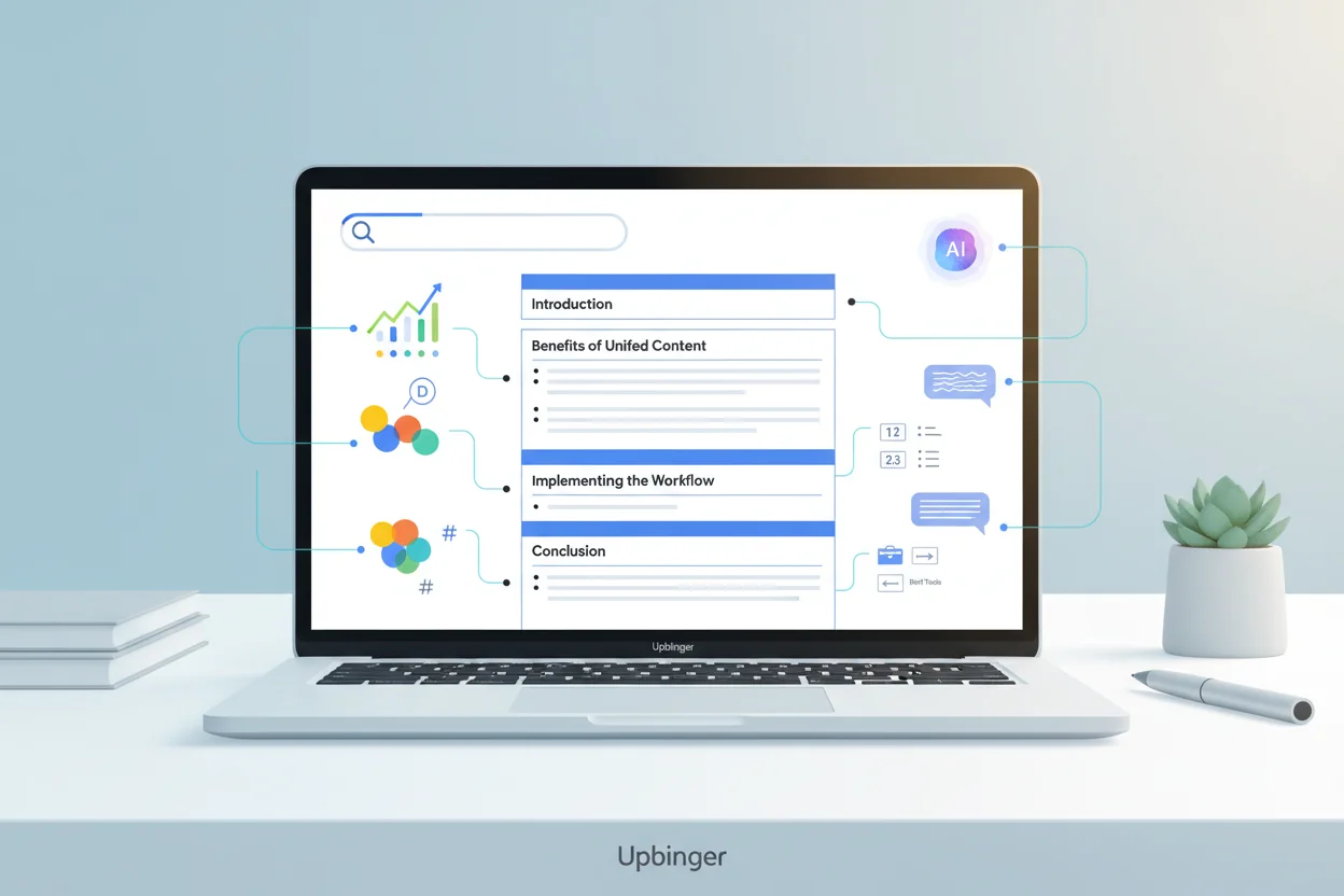 Editorial illustration of a unified digital content workflow connecting search optimization elements and an AI chat interface on one central screen.