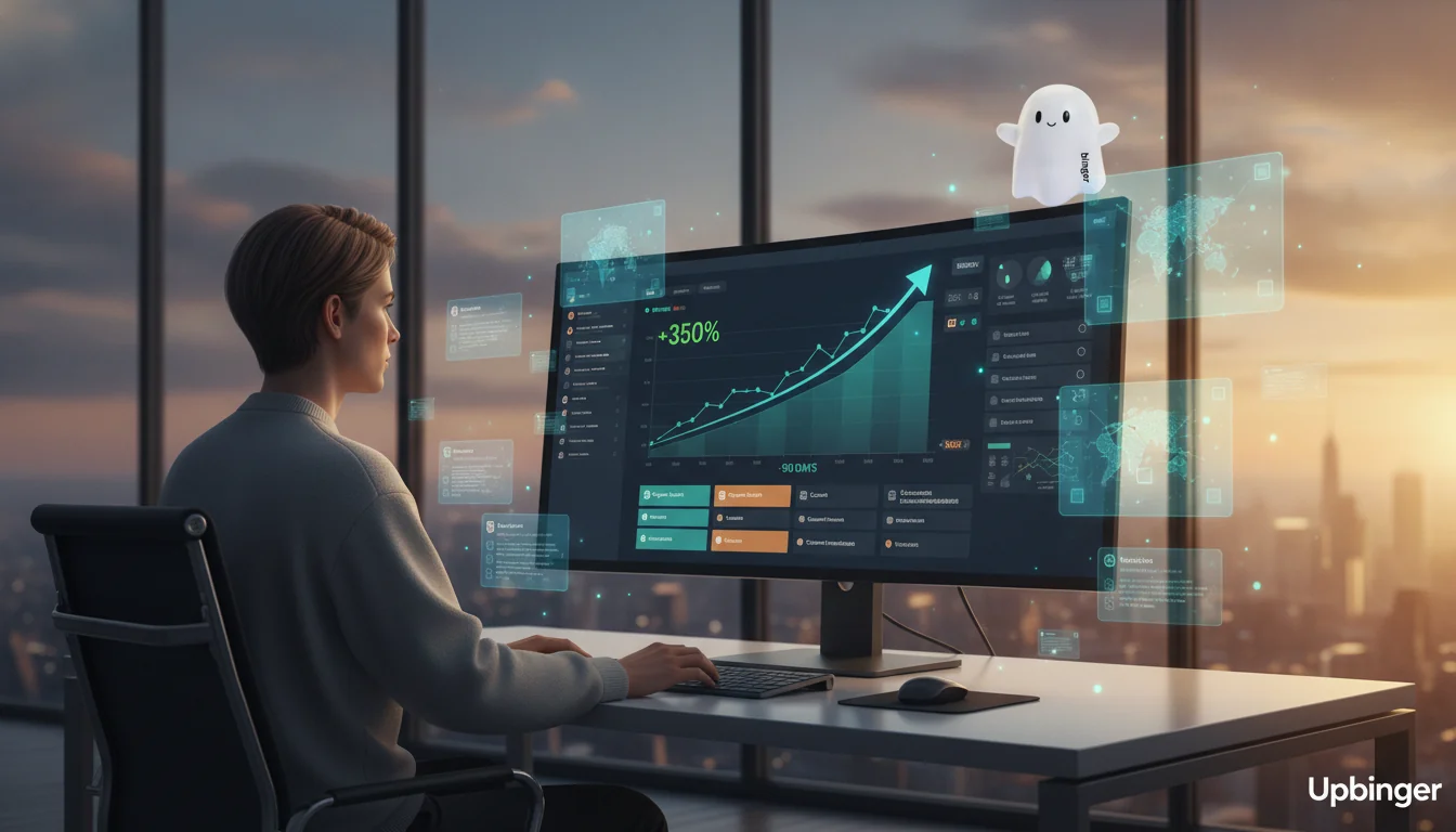 Editorial illustration of a marketer in a modern office using AI-powered SEO tools on a large screen with a sharply rising organic traffic graph over 90 days.